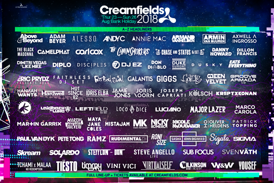 Creamfields 2018 Lineup Poster Creamfields 2018 Lineup Poster