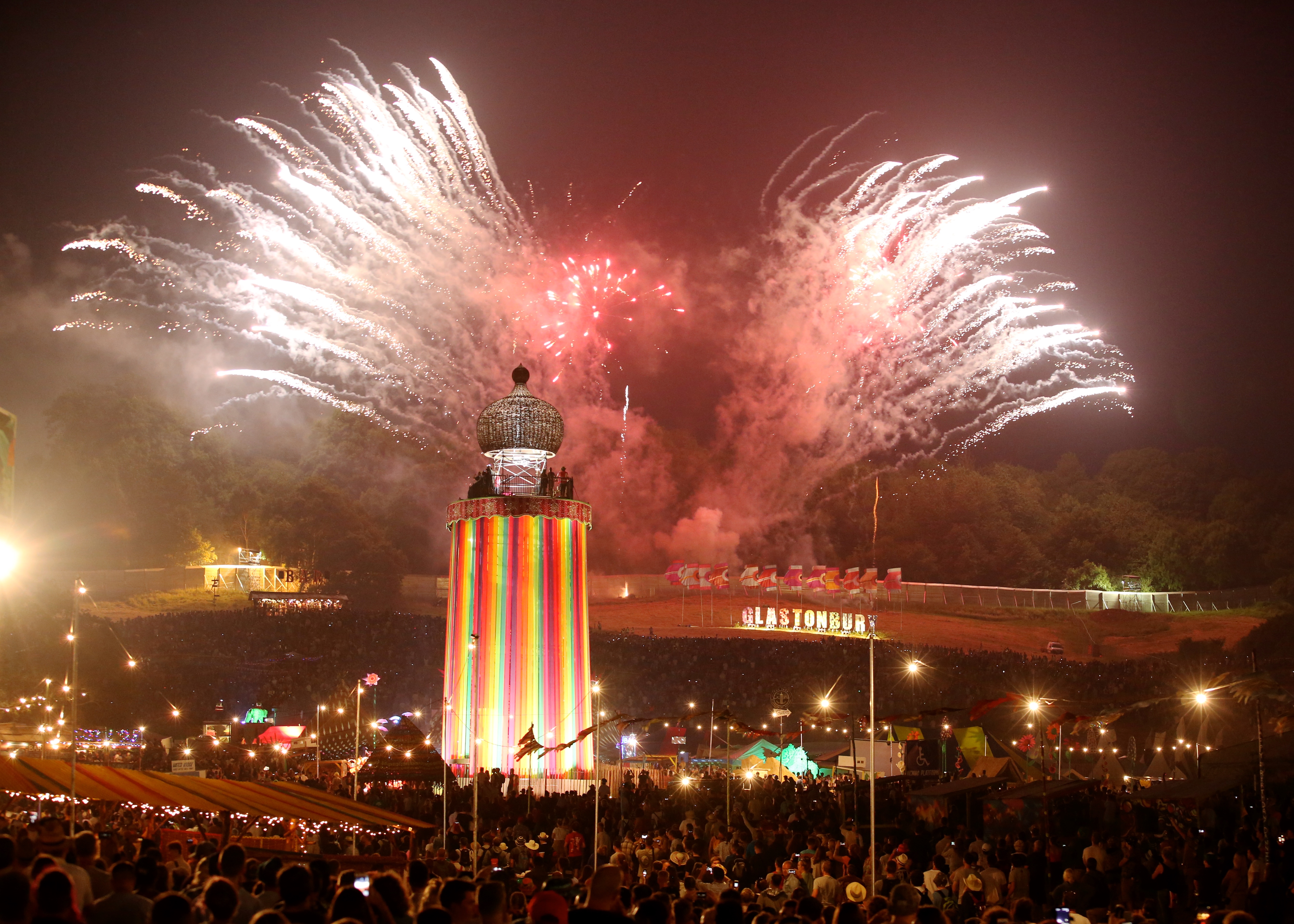 Glastonbury Ribbon Tower Fireworks