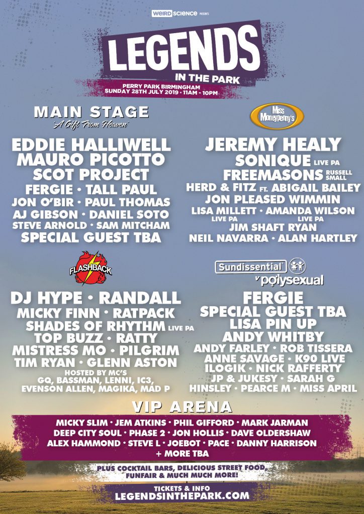 LITP Main Artwork Legends in the Park 2019 line-up poster