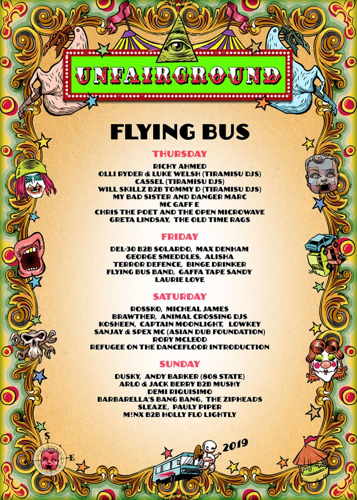 Glastonbury 2019 Unfairground flying bus poster