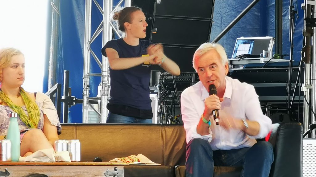 John McDonnell on sofa Glastonbury