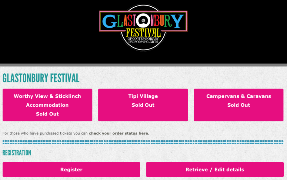 Glastonbury glamping sold out page