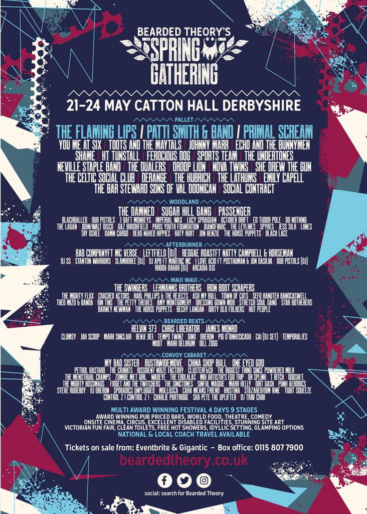 Bearded Theory Spring Gathering 2020 line up poster Bearded Theory Spring Gathering 2020 line-up poster with stage splits