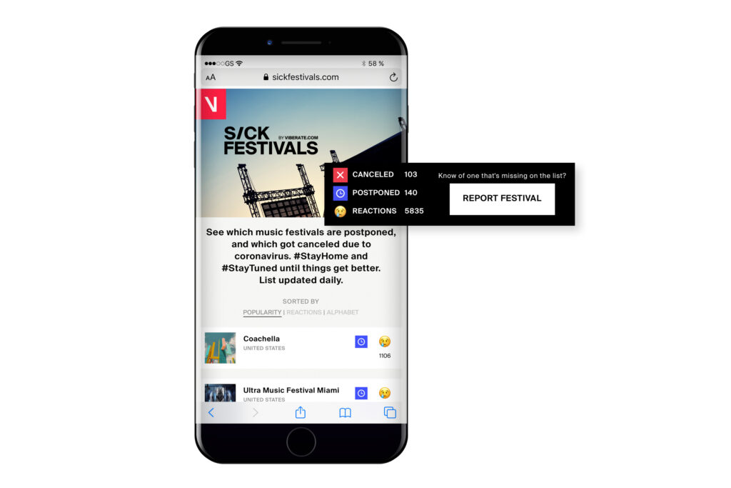 Sick Festivals offers a list of canceled and postponed festivals updated daily