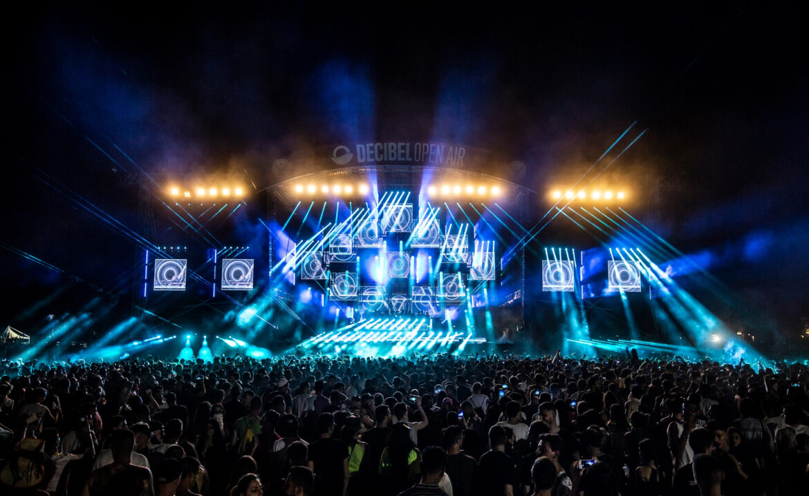 Decibel Open Air stage at night with lights