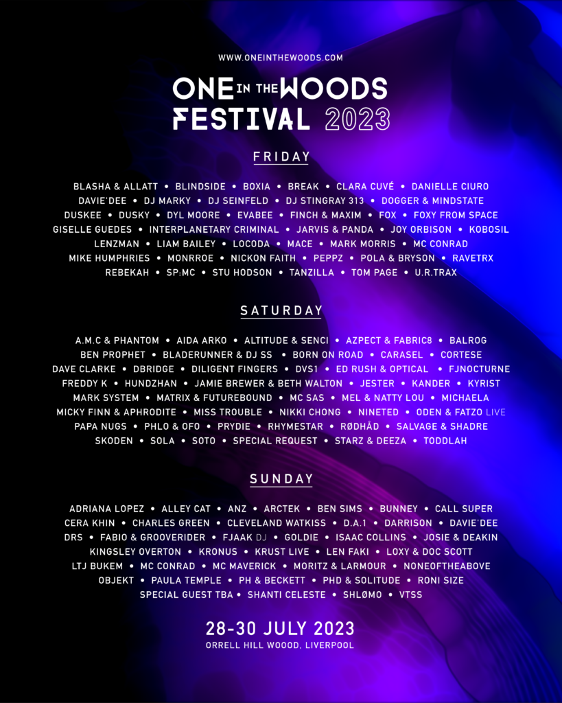 One in the Woods 2023 line up poster One in the Woods 2023 line-up poster