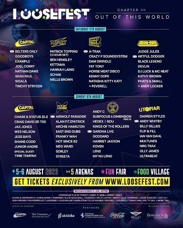Loosefest 2023 Line up poster with stage splits Loosefest 2023 Line-up poster with stage splits