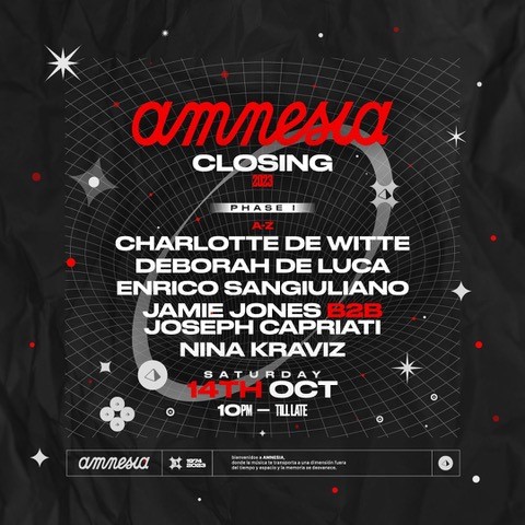 Amnesia closing party 2023 line up poster Amnesia closing party 2023 line up poster