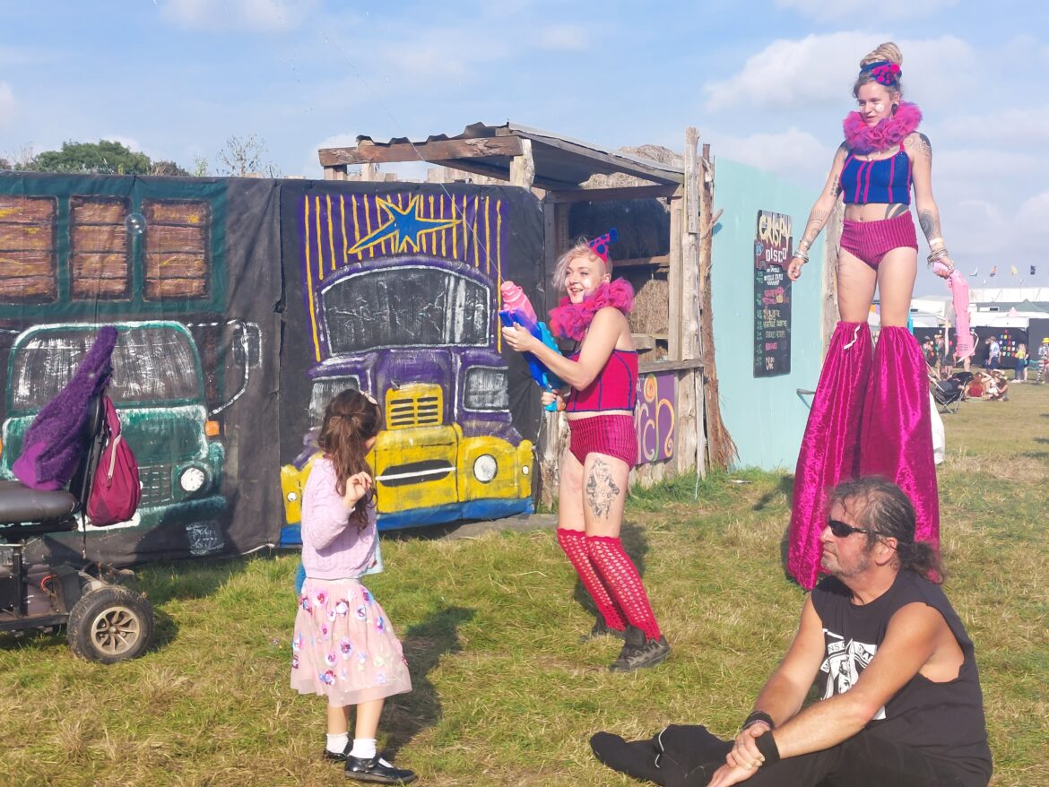 Clowns and Stilt Walkers at Equinox Festival 2023 near Grimsby in Lincolnshire