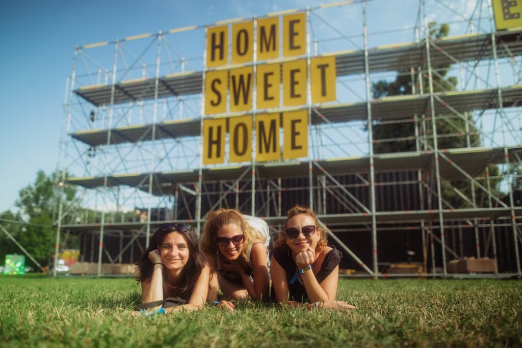 Electric Castle's Home Sweet Home sign on scaffolding