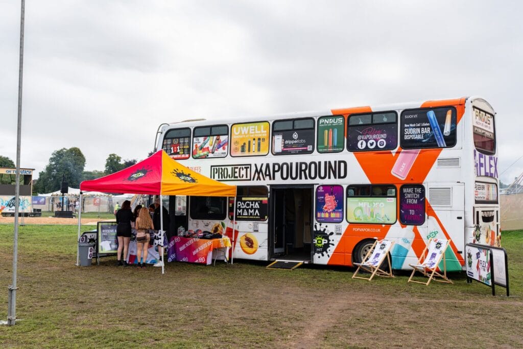 Crooked In The Park vape bus Double decker vape bus at Crooked House in the Park Festival