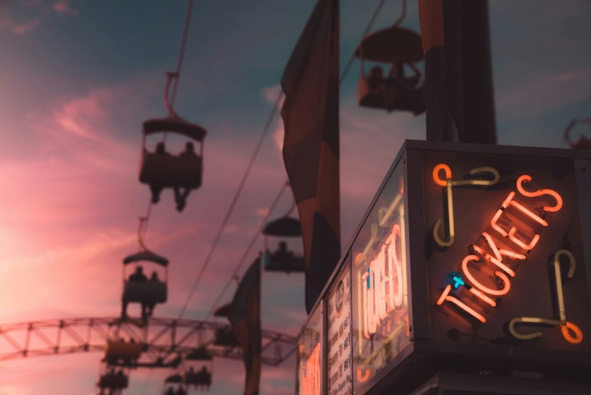 Tickets sign at sunset