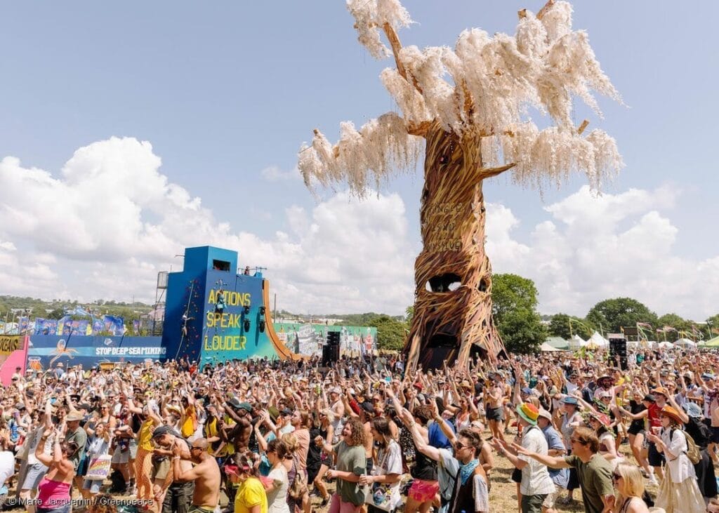 Glastonbury Greenpeace Field daytime at the Rave Tree