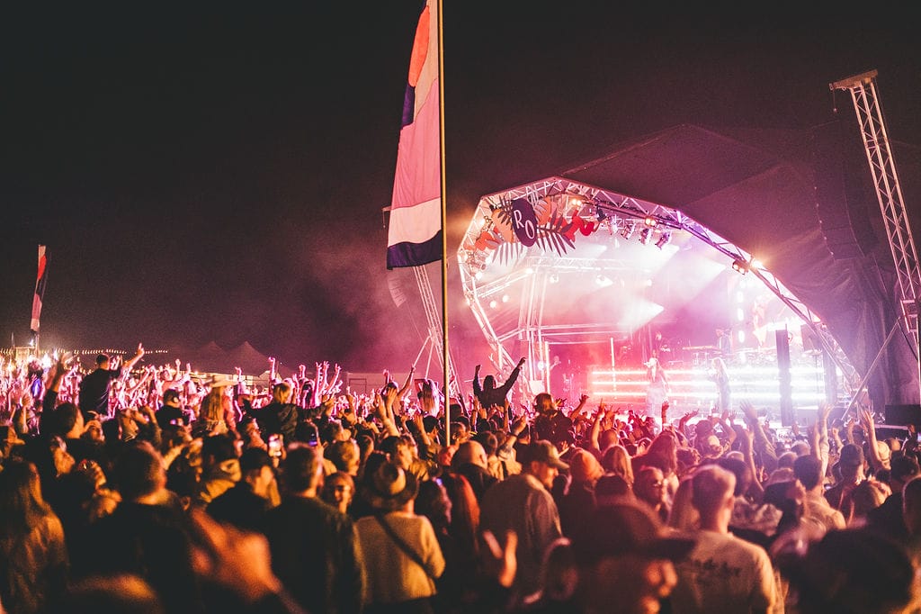 Rock Oyster main stage lights at night 
