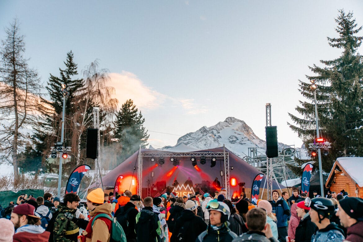 Rise Festival crowd at stage in snow