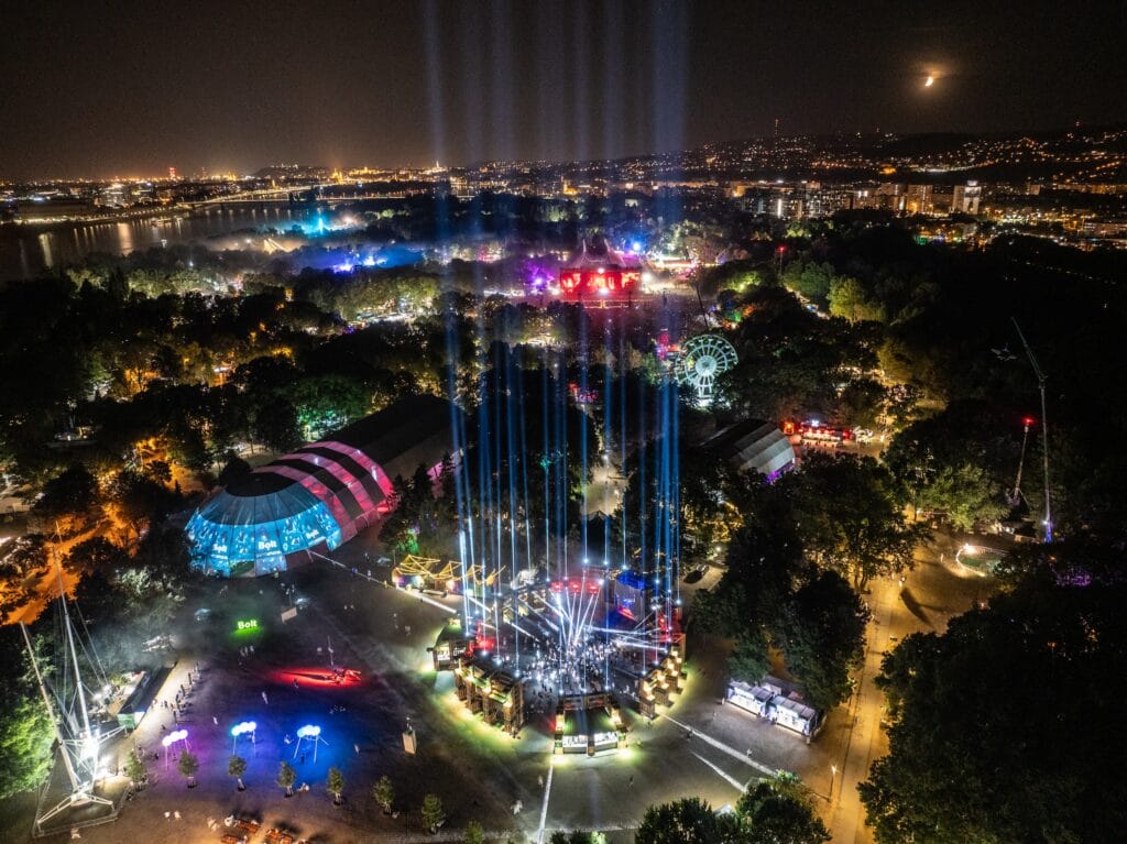 Sziget aerial photo at night with light beams