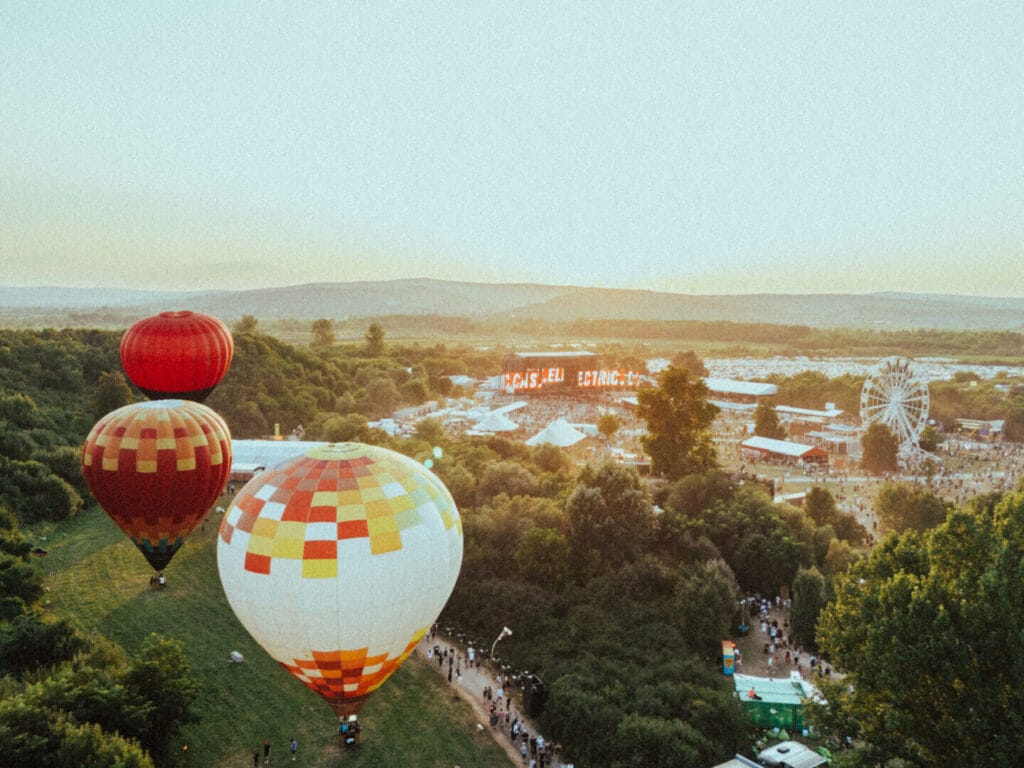 Electric Castle aerial shot with hot air balloons