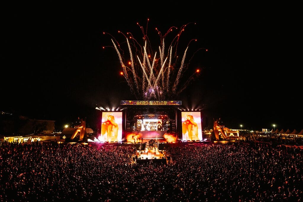 Afro Nation Portugal wide angle of main stage with fireworks