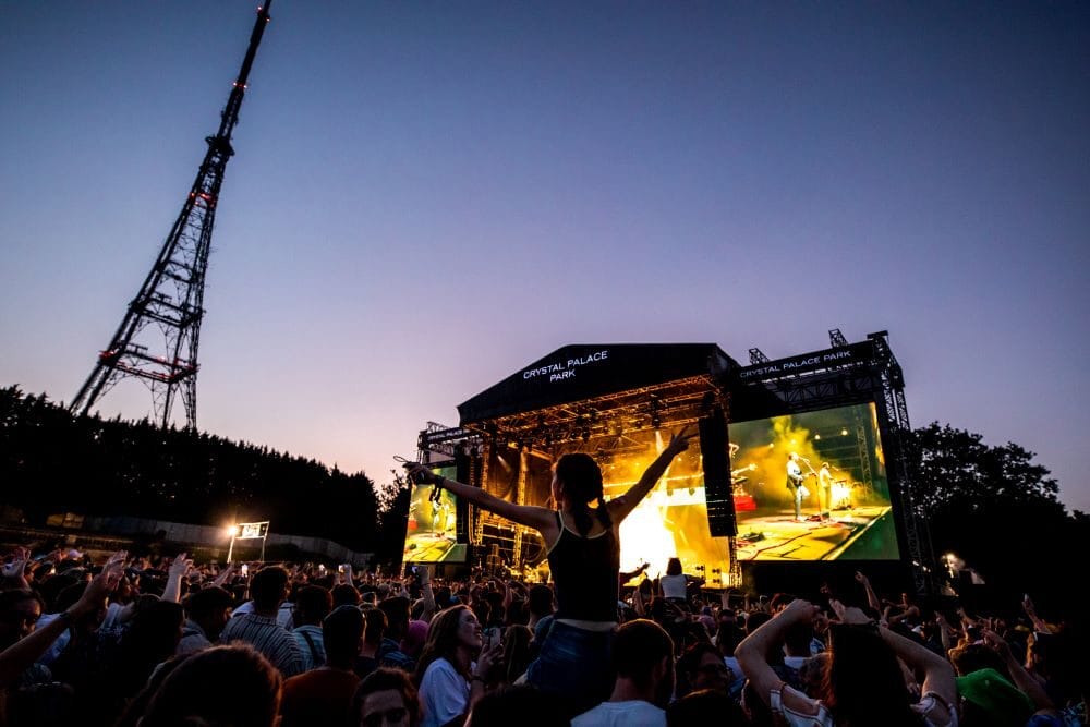 Crystal Palace Park main stage and transmitter and crowd