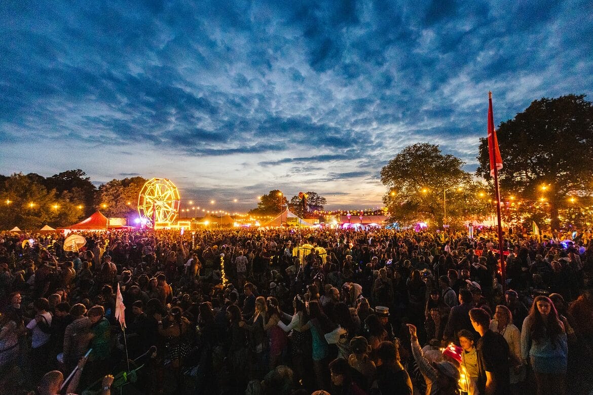 Shambala Festival crowd at night with lights