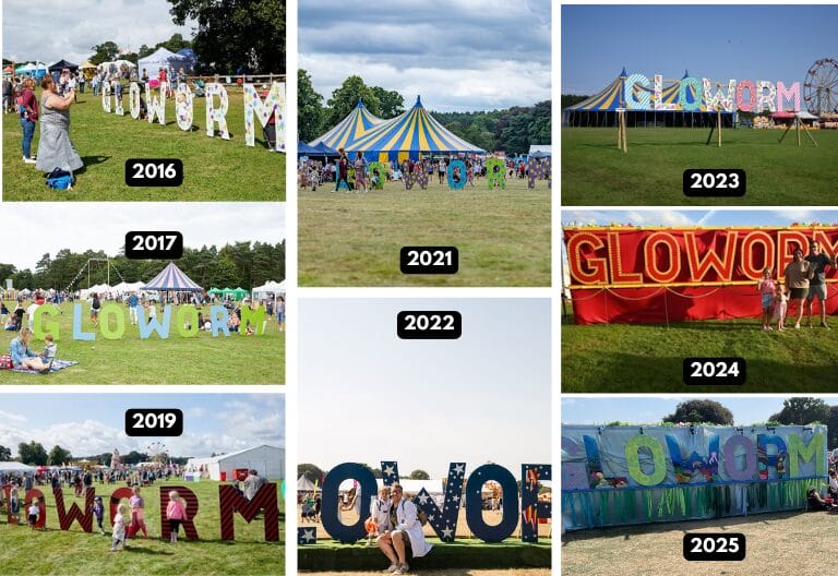 Gloworm sign throughout the years collage Gloworm sign throughout the years collage