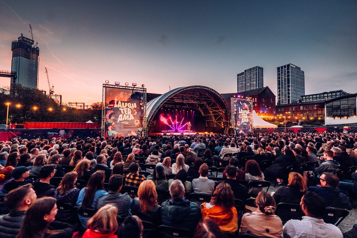 Laugherama at Castlefield Bowl crowd shot showing main stage and skyline