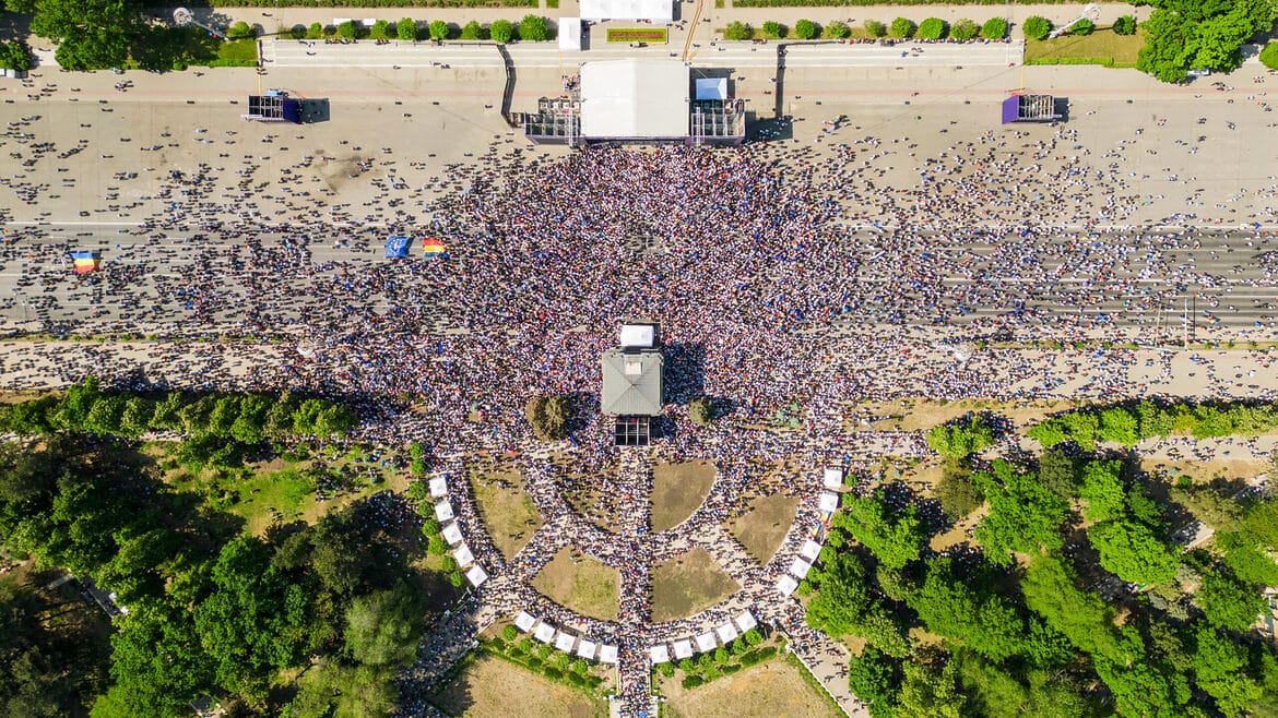 aerial drone vertical view rally support country s european integration
